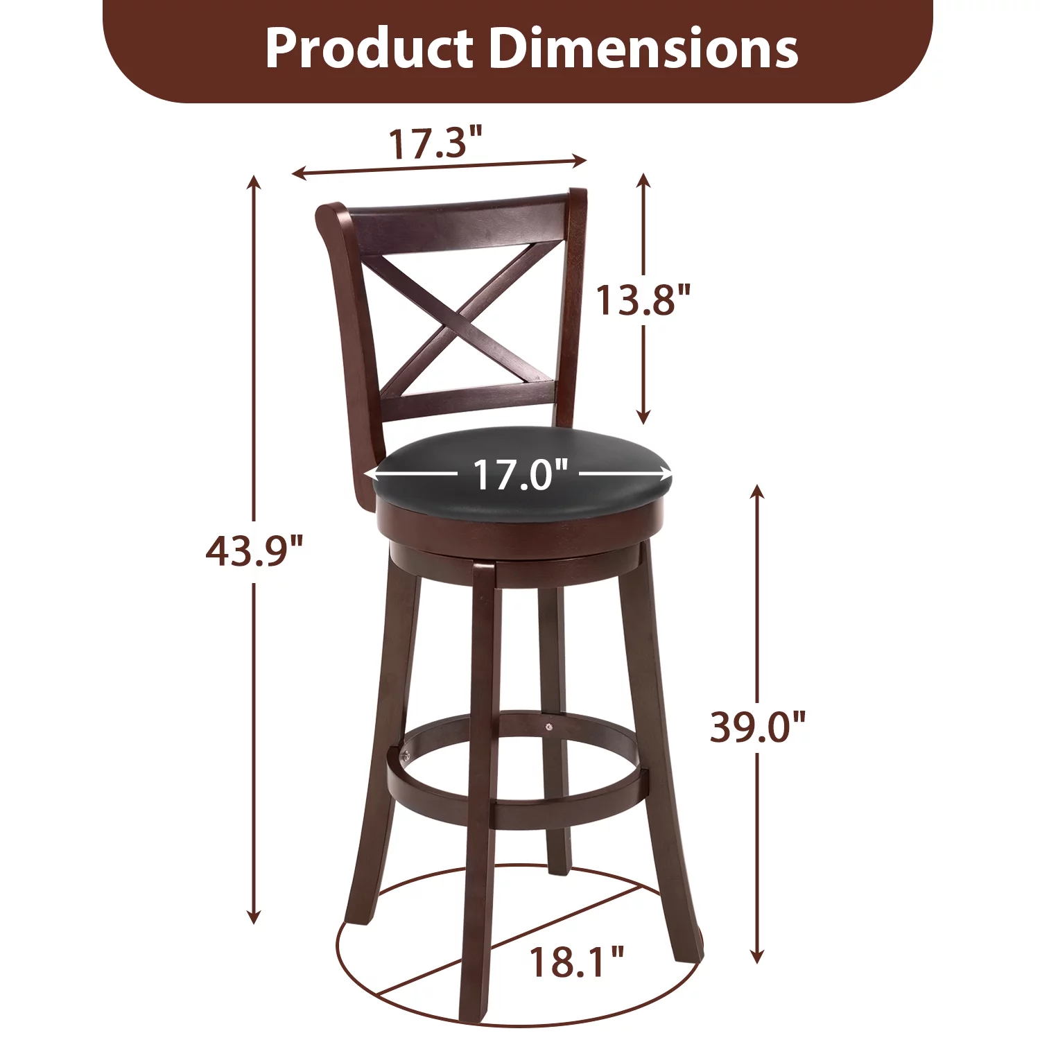 Bar Stools Counter Stools Kitchen Barstools with Wooden Low Back, 360 Degree Swivel, PU Leather Set of 2 (Brown)