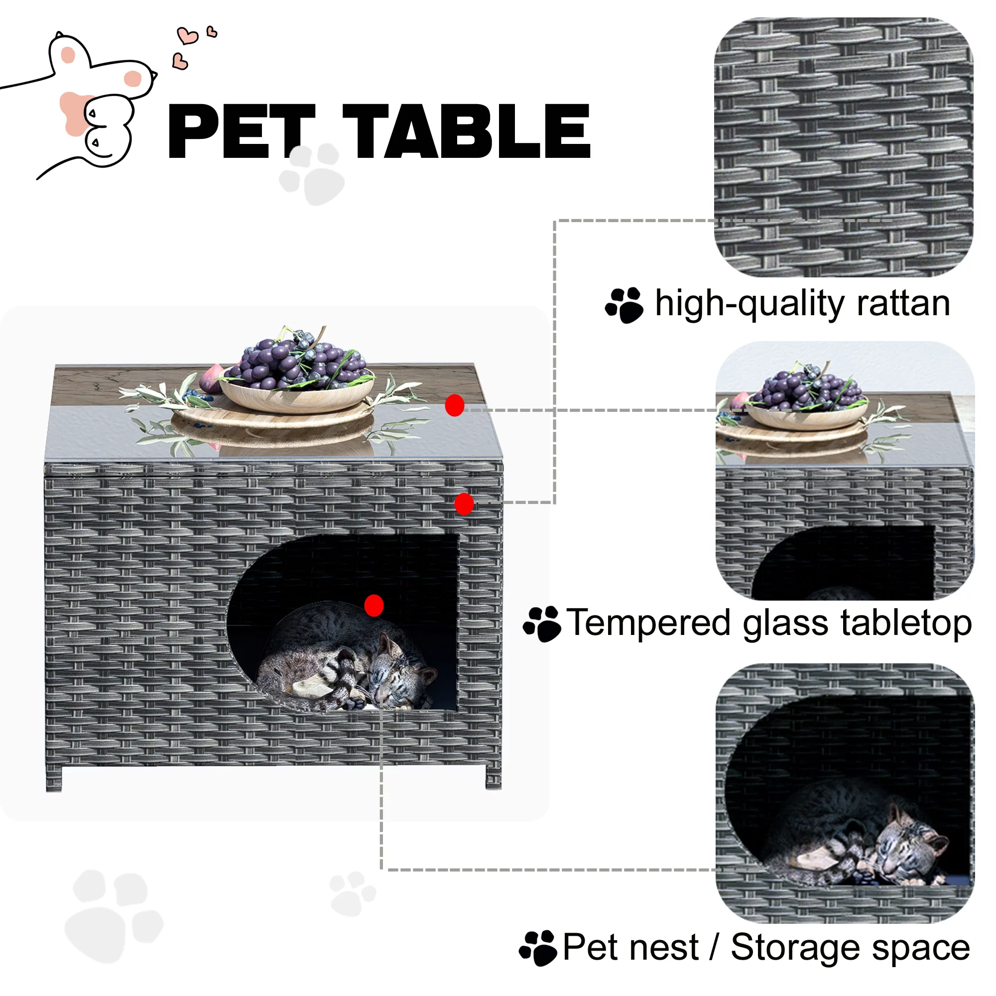 Ovios Outdoor Patio Furniture Wicker Coffee Table Side Tea Table with Glass for Garden