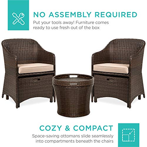 Best Choice Products 5-Piece Outdoor Patio Furniture Set, No Assembly Required Wicker Conversation Bistro & Storage Table for Backyard, Porch, Balcony w/Space-Saving Design - Brown/Beige