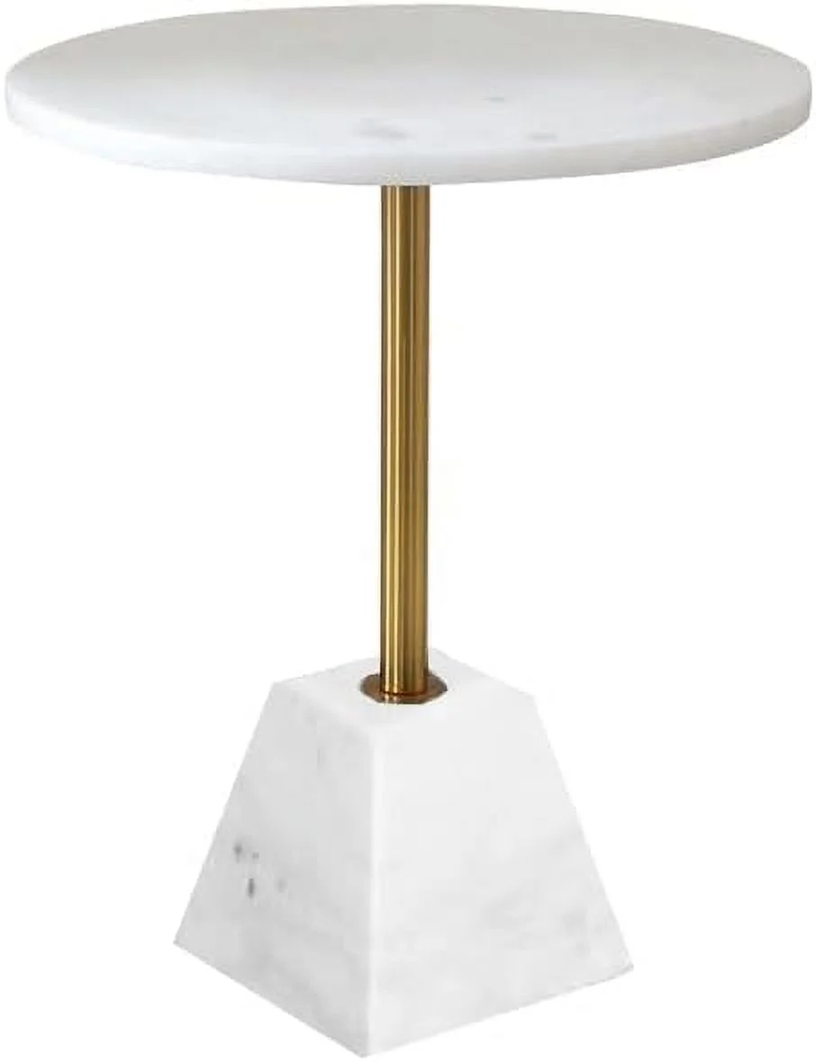 First of a Kind Angela Marble Pedestal Poke Side Table in White With Metal Base