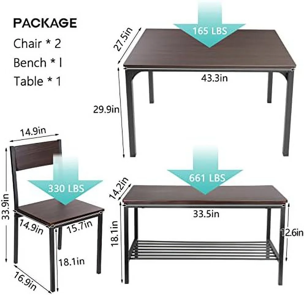 KHBIULIFE 4 Person Dining Table Set  Dining Table with 2 Chairs and 1 Bench Rectangular Space-Saving Dinner Table with Two Benches for Kitchen Rustic Oak