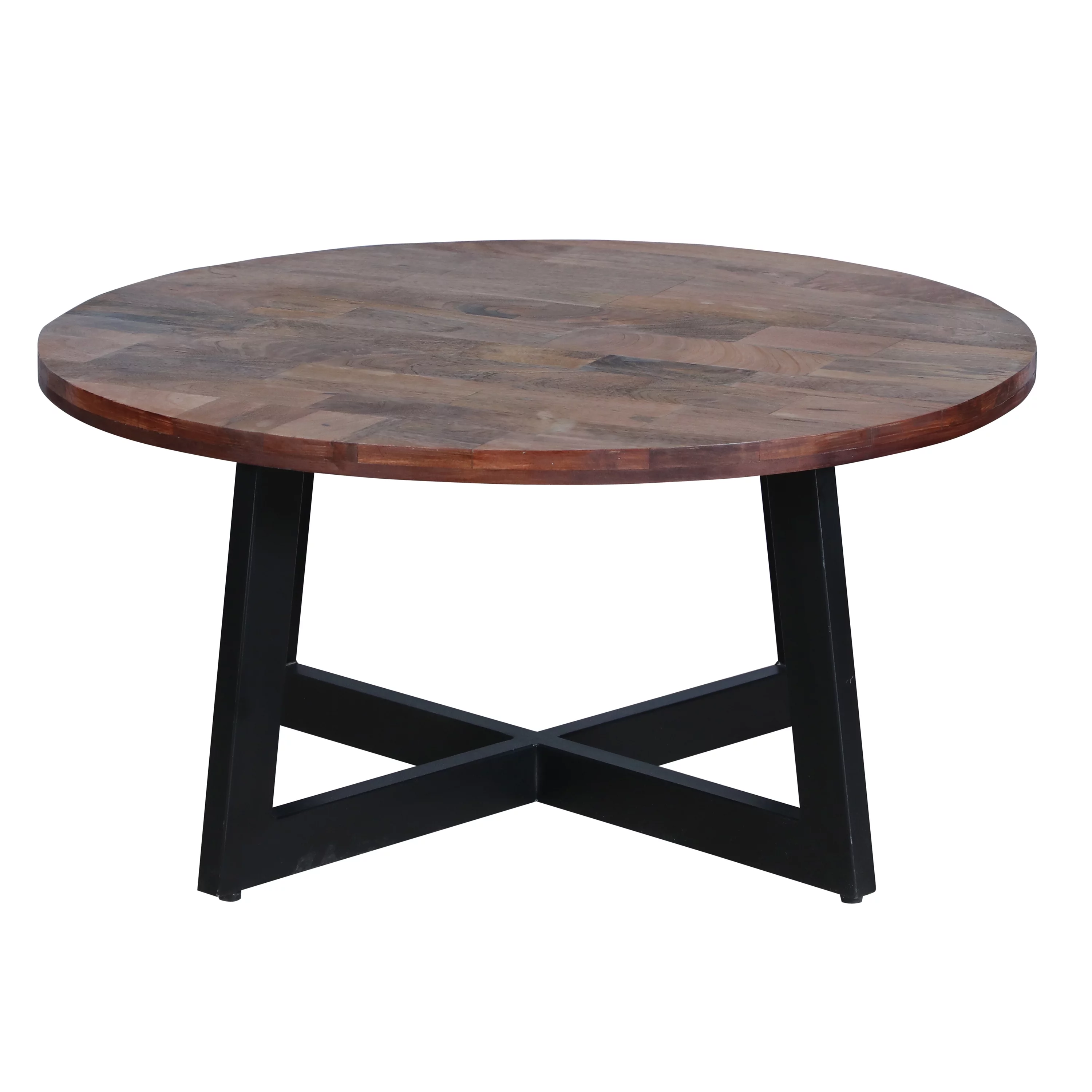 31 Inch Round Mango Wood Farmhouse Coffee Table, X Shape Iron Frame, Brown, Black