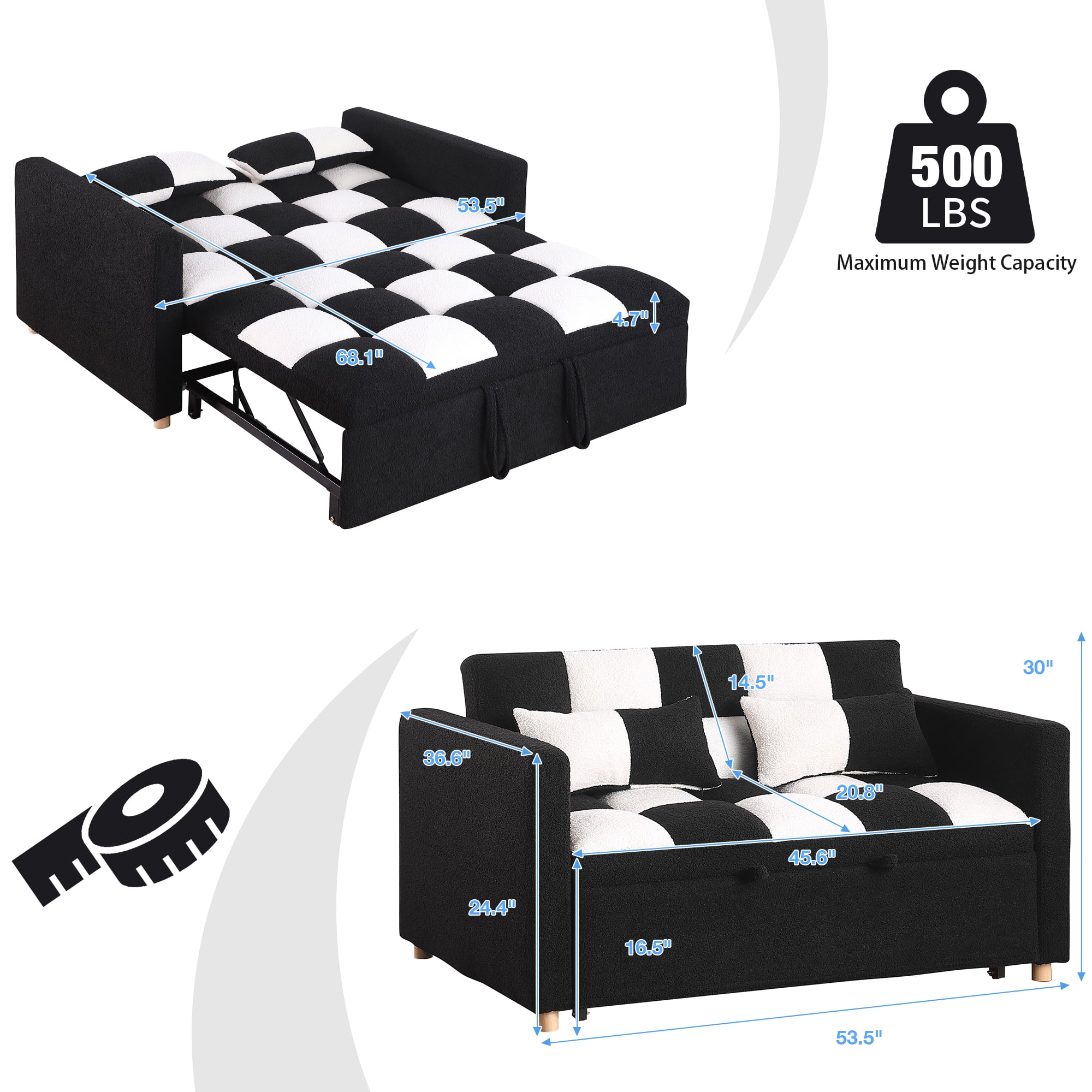 Holaki 45 x 68 Small Teddy Convertible Loveseat, 3 in 1 Sleeper Sofa Couch Bed, Futon Sofa Pull out Bed with Adjustable Backrest, 2 Pillows, Black+White