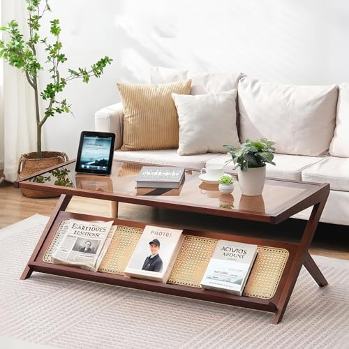 Rattan Coffee Table,Mid Century Modern Coffee Table with Tempered Glass Tabletop,BambooTable with Glass Top with Storage for Dining Room,Living Room,Home Decoration (Brown)