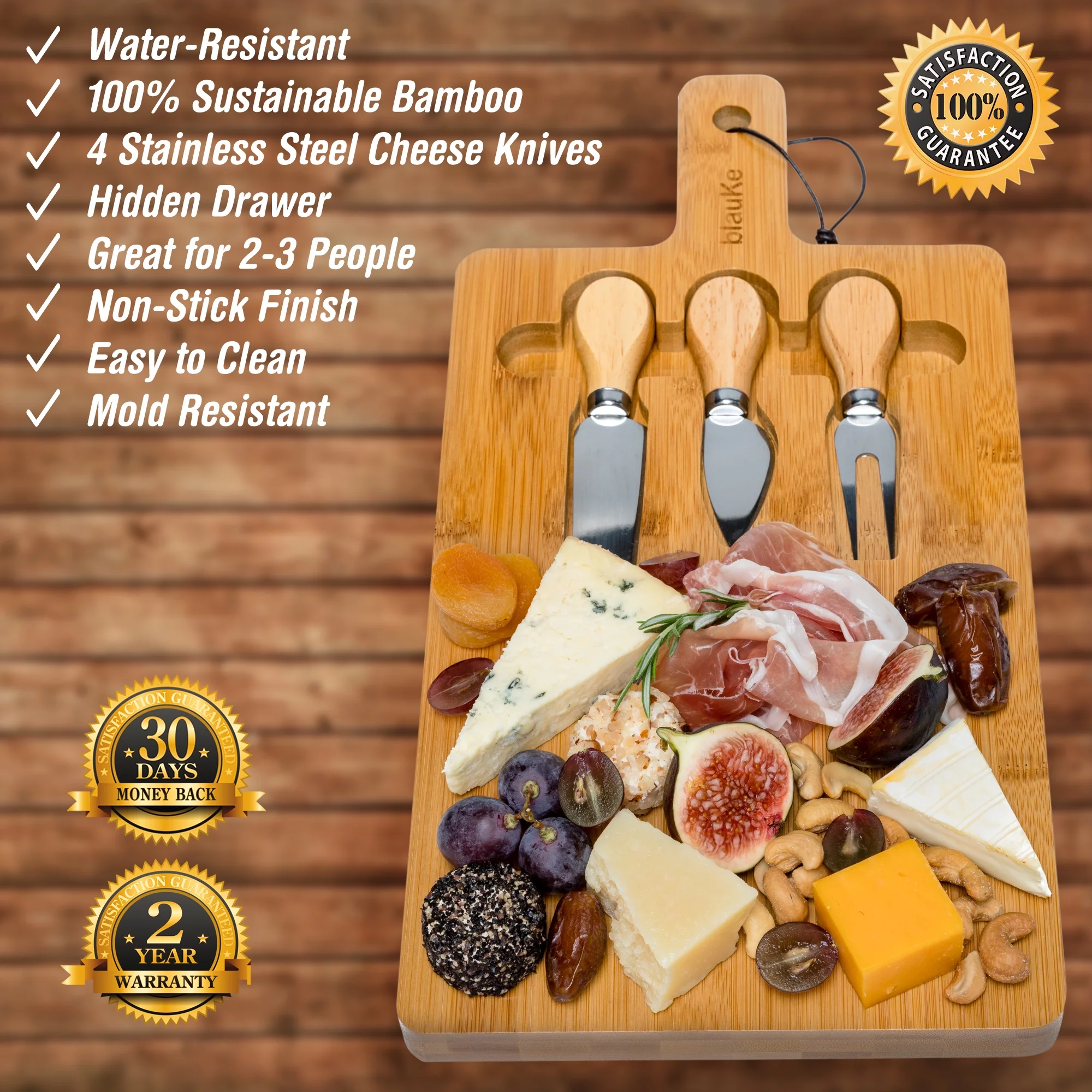 BlauKe® Bamboo Cheese Board and Knife Set 12x8 inch - Wood Cheese Cutting Board, Serving Tray Platter, Charcuterie Board Set, Magnetic Cheese Knives