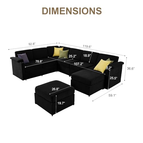 Modular Sectional Sofa Couch for Living Room Velvet Cloud Couches Oversized U Shaped Sectional Couch Convertible Sleeper Sofa Chaise Padded Armrests Washable Cover Cup Holder (Grey, 8 Seats)