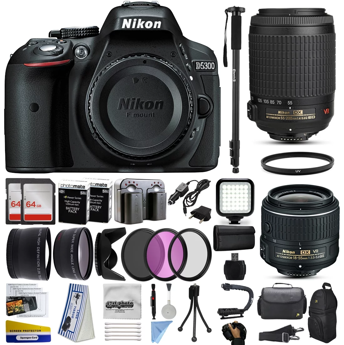 Nikon D5300/D5600 DSLR Digital Camera with AF-P 18-55mm VR | 55-200mm VR Lens |128GB MC | Case | Battery | Charger & More