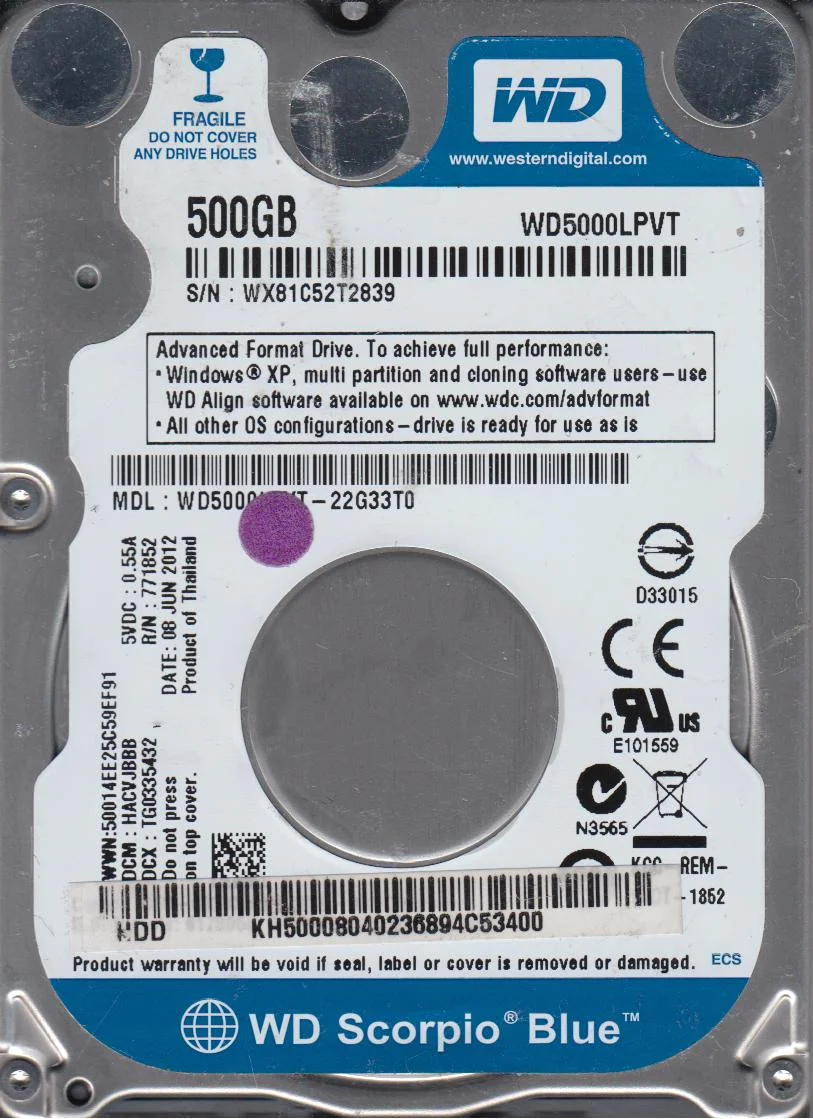 WD5000LPVT-22G33T0, DCM HACVJBBB, Western Digital 500GB SATA 2.5 Hard Drive