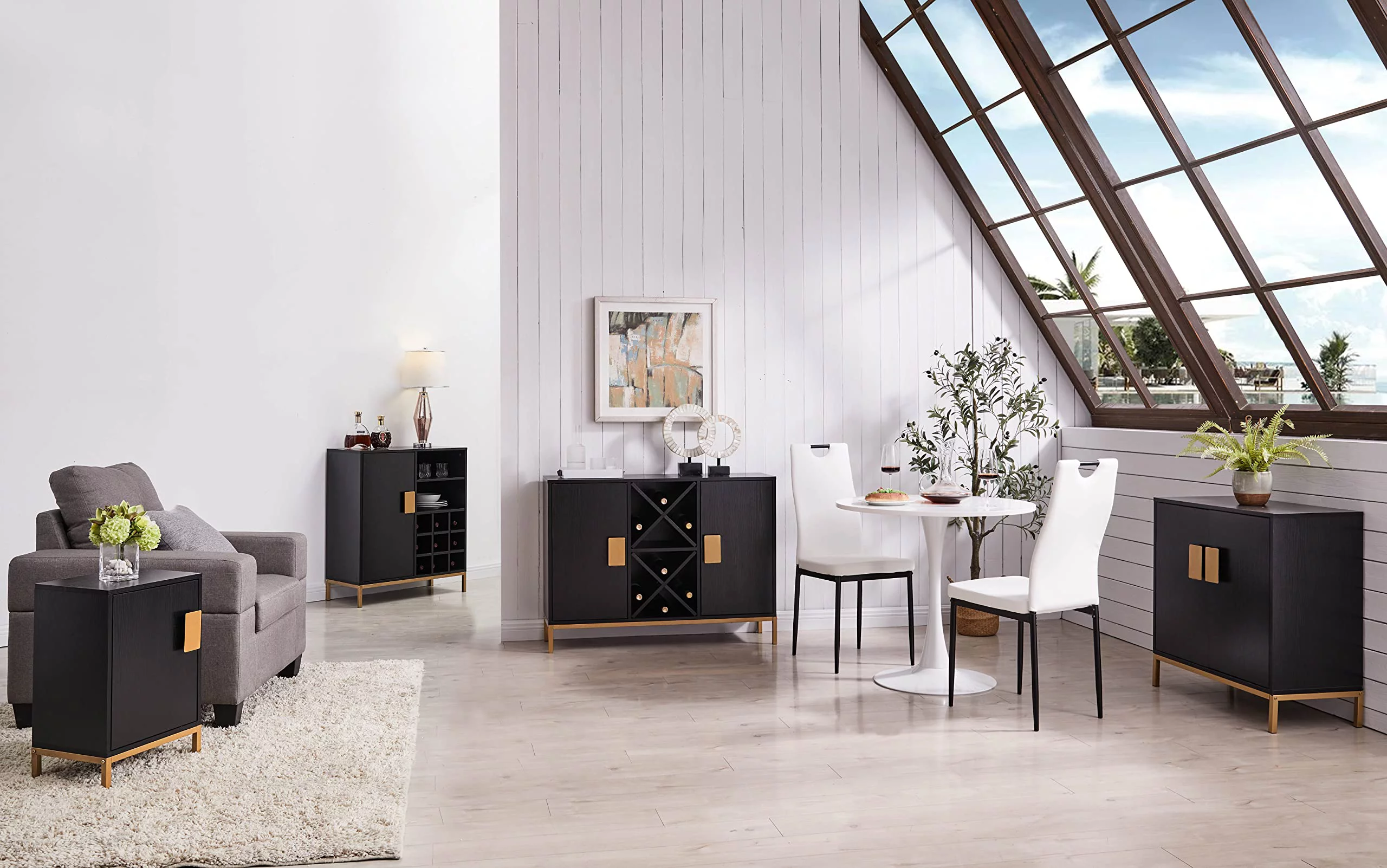 Kings Brand Furniture Wood Accent Cabinet Side Table for Bedroom Living Room, Black/Gold