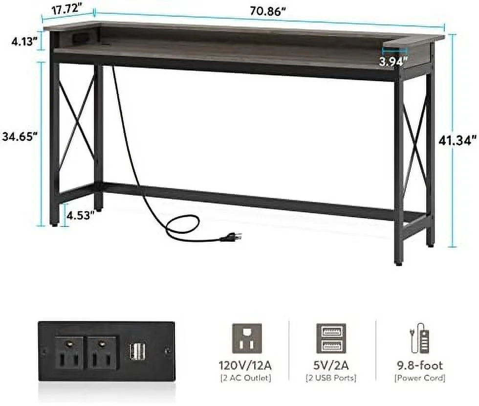 Sofa Table with Outlets and USB Ports  70.9 inch Extra Long Console Table Behind Couch with Charging Station  Industrial Narrow Entryway Hallway Accent Table for Living Room