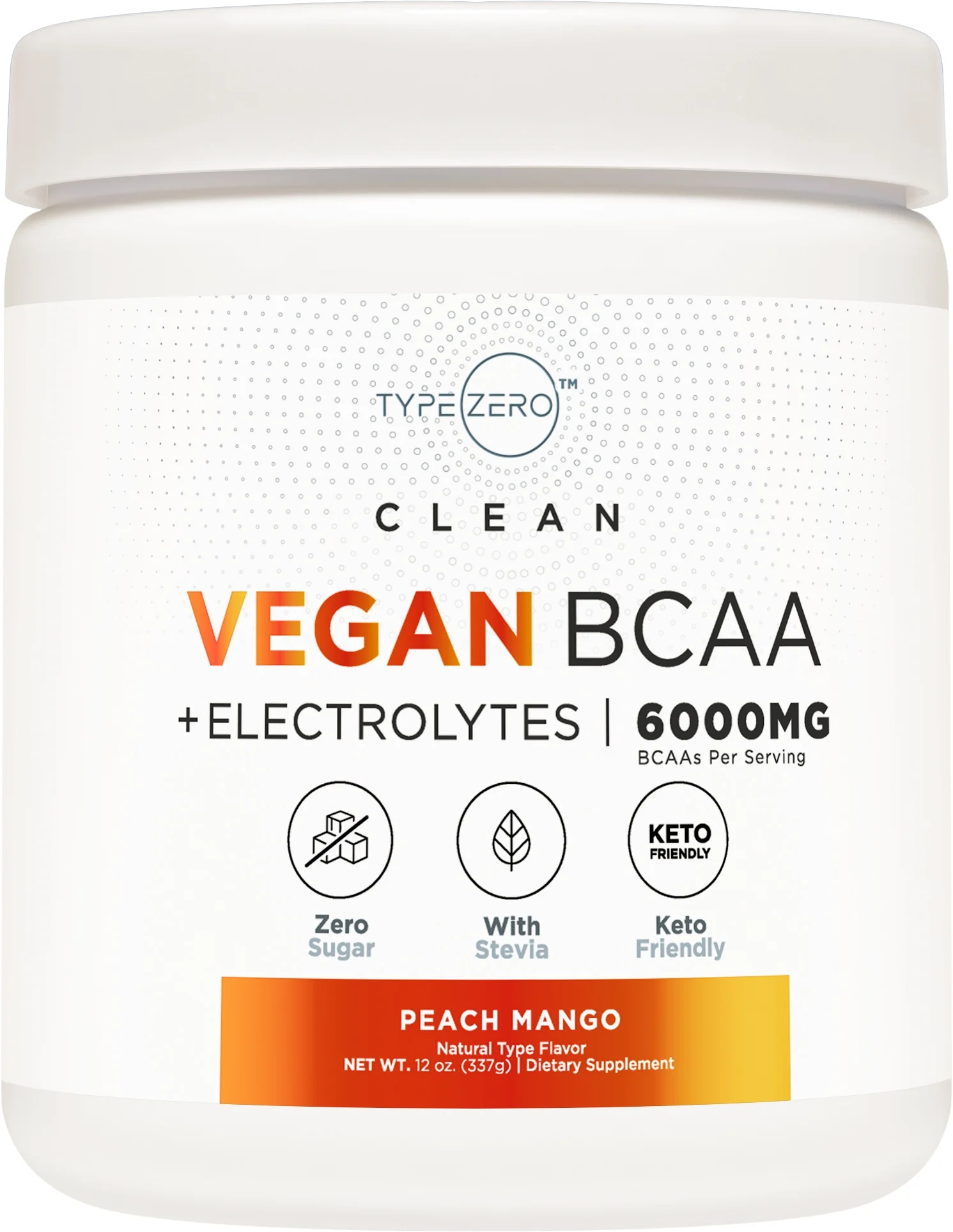 Type Zero Clean Vegan BCAA Powder + Electrolytes (Peach Mango) (30 Servings) - Sugar-Free Amino Acid Supplement for Women and Men - Post Workout Recovery Drink with Stevia