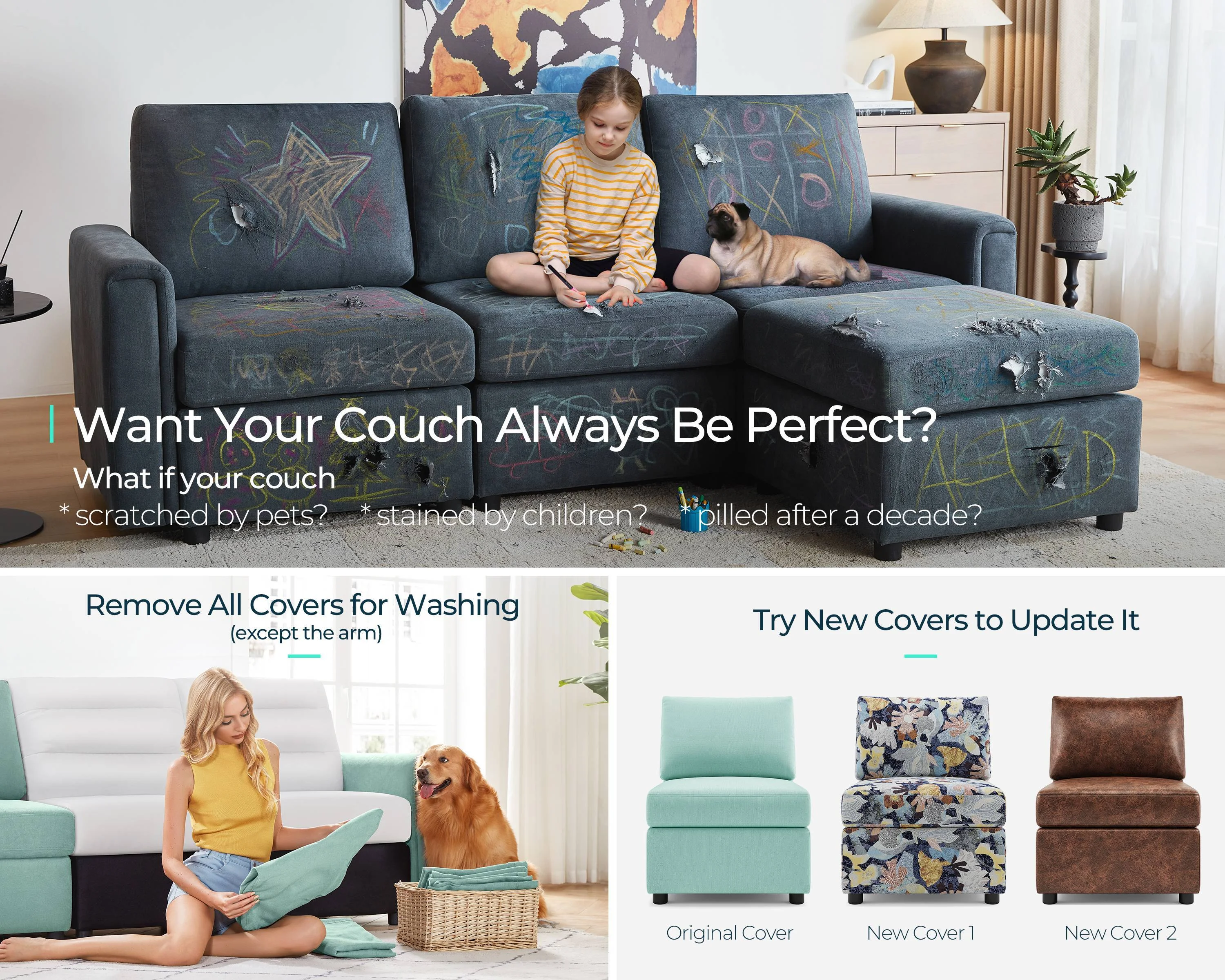 Linsy Home Convertible Modular Sleeper Sofa Bed with Storage,Teal