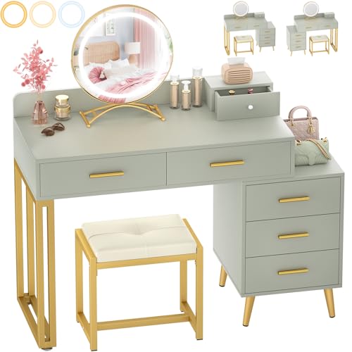 White Vanity Desk with Mirror and Lights, Modern Makeup Vanity Table Set with 6 Storage Drawers and Cushioned Stool for Bedroom, Dressing Table with Divided Organizers for Women Girls, White