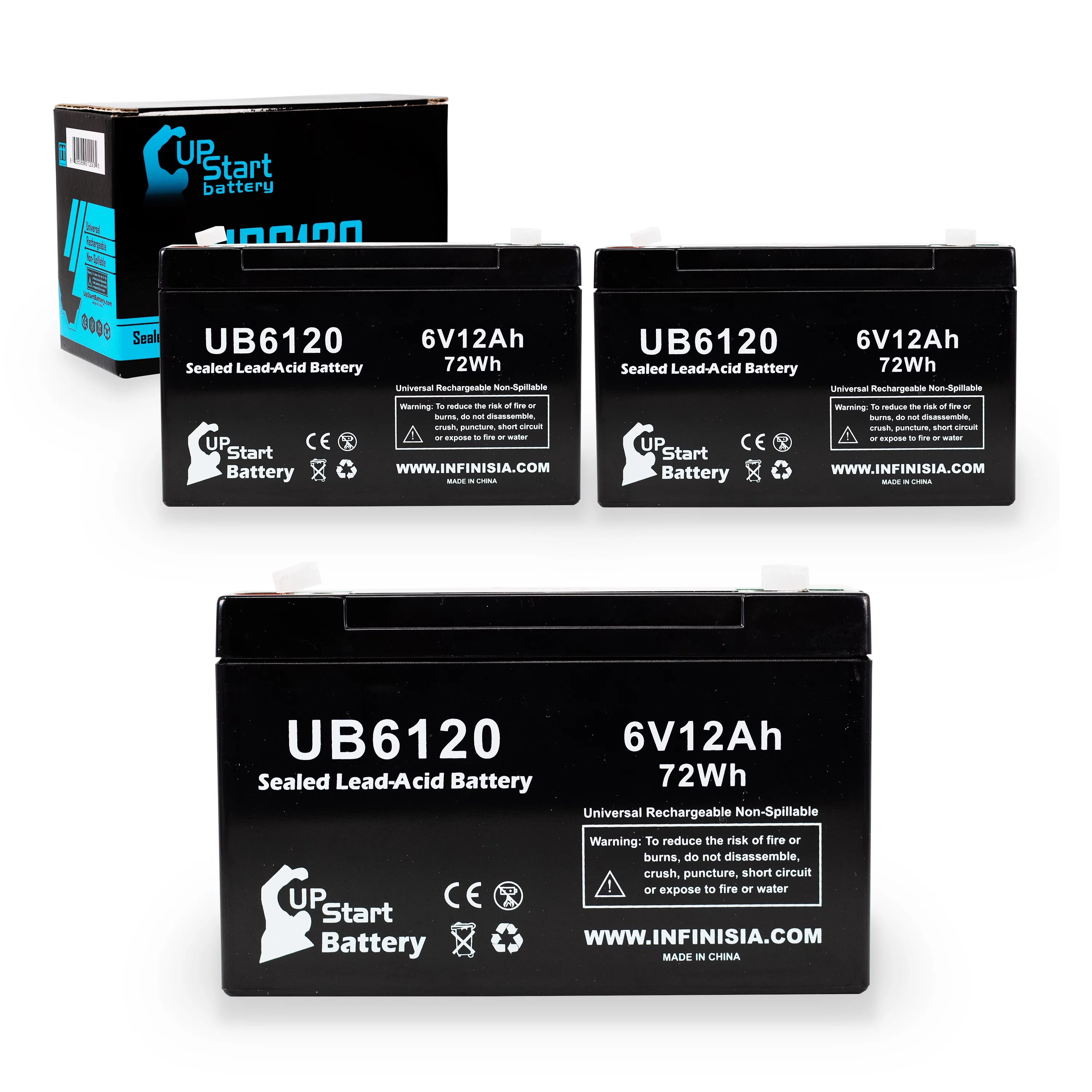 3x Pack - Compatible VITAL TECHNOLOGY 603 MONITOR Battery - Replacement UB6120 Universal Sealed Lead Acid Battery (6V, 12Ah, 12000mAh, F1 Terminal, AGM, SLA) - Includes 6 F1 to F2 Terminal Adapters