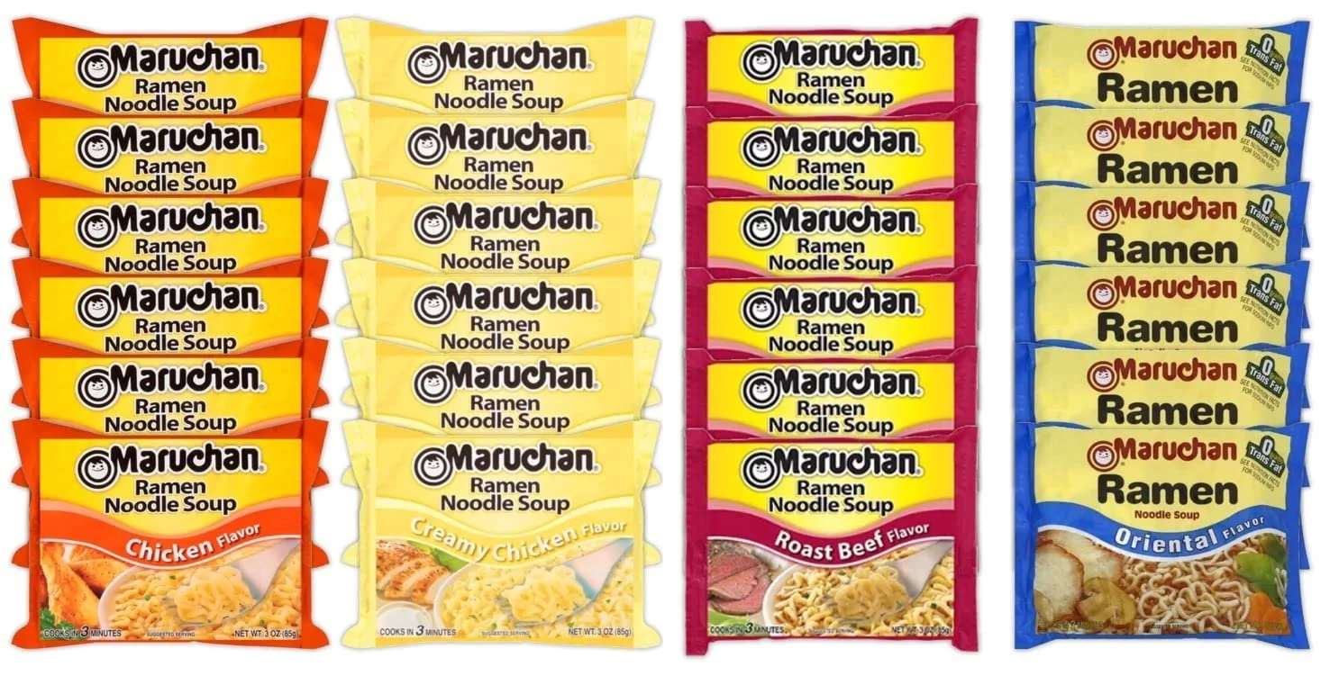 Maruchan Ramen Instant Noodle Soup Variety Mix 24 Packs, 4 Flavors - 6 Pack Roast Beef, 6 Pack Beef, 6 Pack Chicken , 6 Pack Lime Chili Shrimp Lunch / Dinner Variety