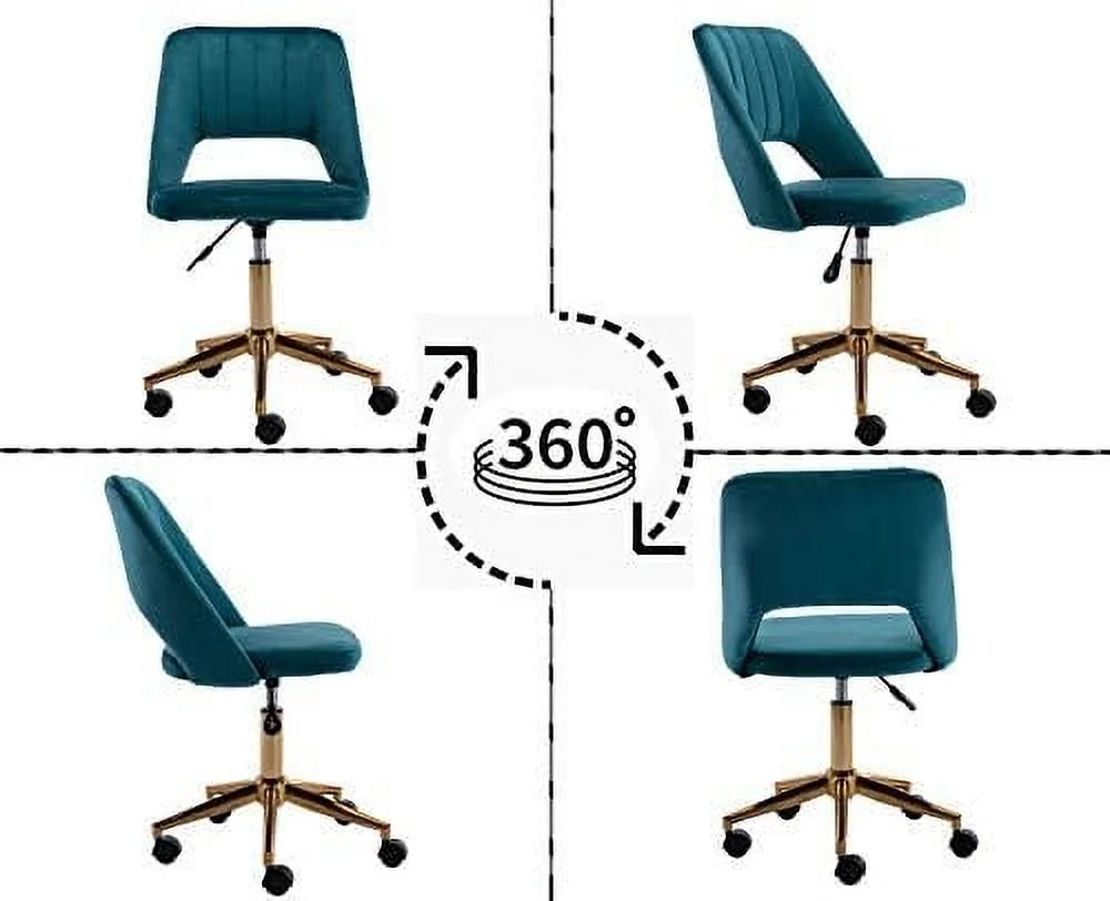 DM  Velvet Office Desk Chair with Wheels  Mid Back Modern  Office Chair Small and Cute for Bedroom  Teal with Gold Base