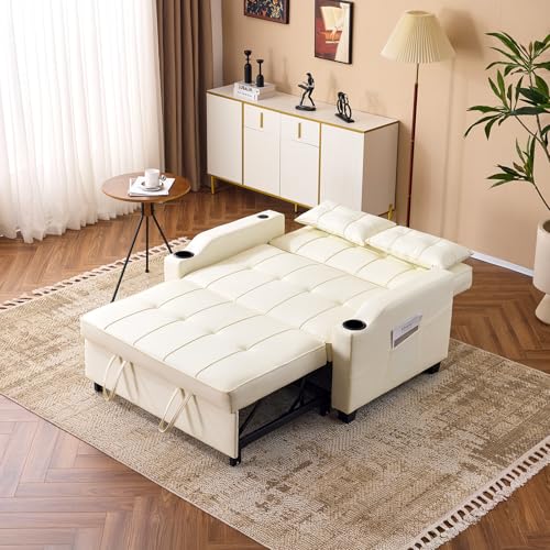 VINGLI Light Green Futon Sofa Bed Convertible Loveseat Sleeper Couch, Faux Leather Pullout Sofa Fold Out Couch Bed with USB Ports, Cup Holders, Armrest for Living Room, Bedroom Apartment Room
