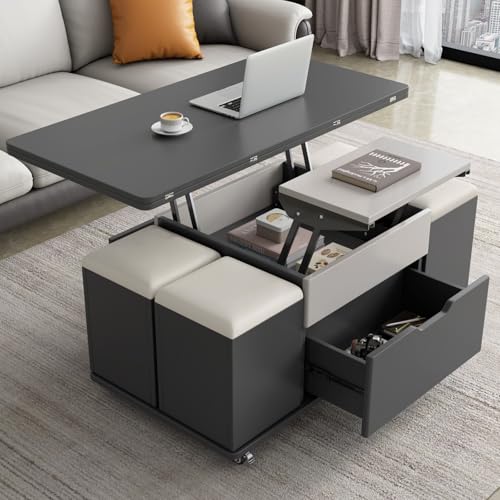 Modern Lifting Coffee Table with 4 Stools,Lift Top Coffee Table with Storage,Multifunctional End Table for Eating Area,Great As Work Or Snack Station