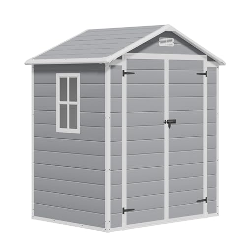 Greesum 5' x 4' Resin Weather Resistant Outdoor Storage Shed with Floor for Garden,Backyard,Pool Tool, Light Grey