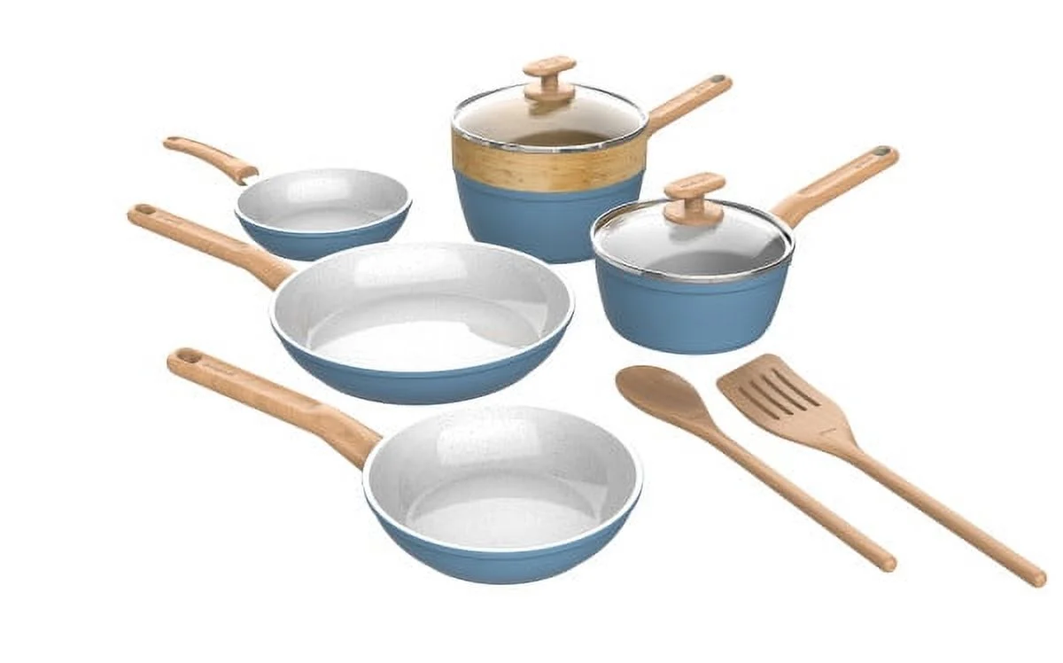 GoodCook Healthy Ceramic Titanium-infused 10-Piece Cookware Set with tools, Light Blue