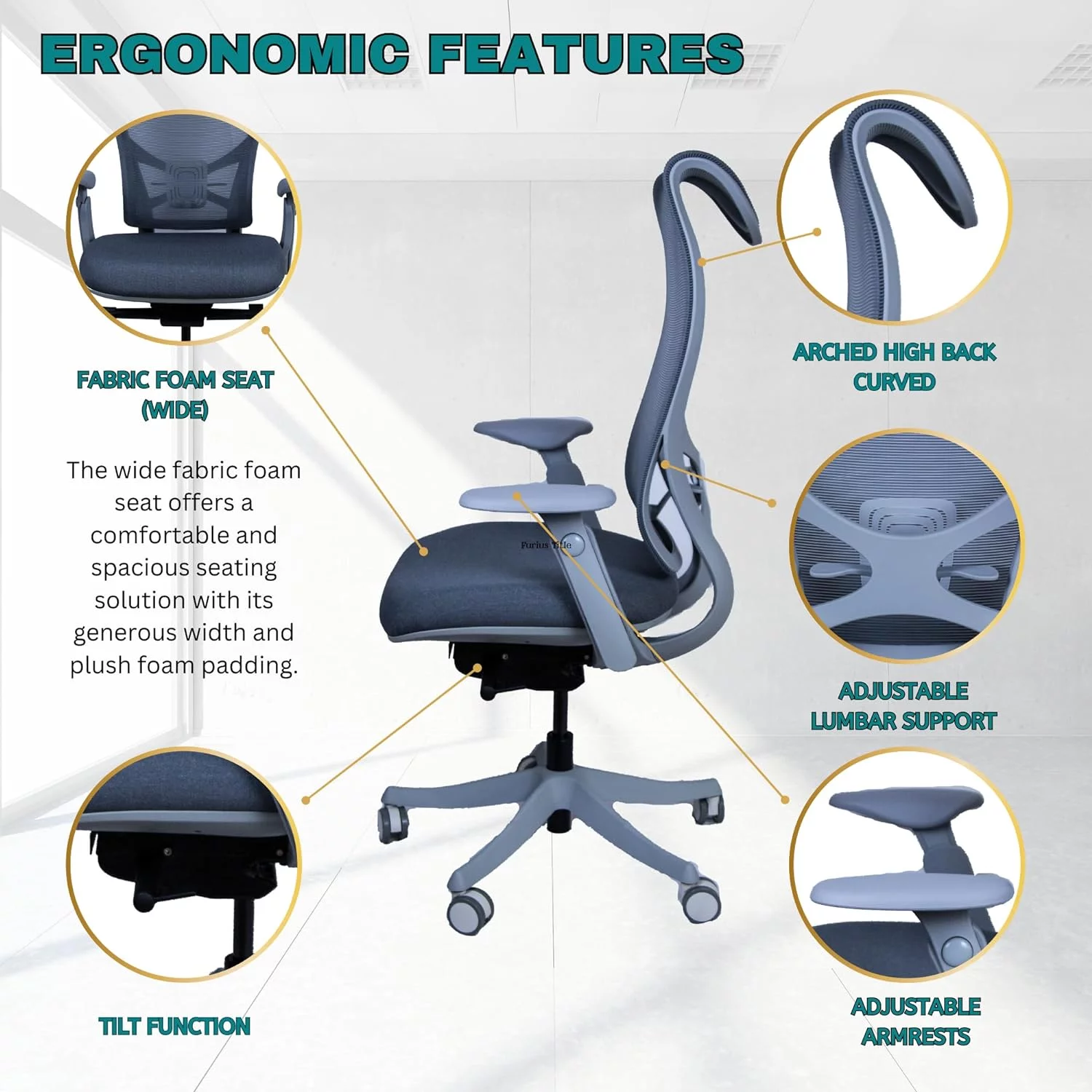 WESTHOLME High Back Office Chair, Ergonomic Desk Chair with Adjustable Lumbar Support, Tilt Function - Best Office Chairs for Long Hours, Comfortable Desk Chair with Free Footrest - Grey/Gray