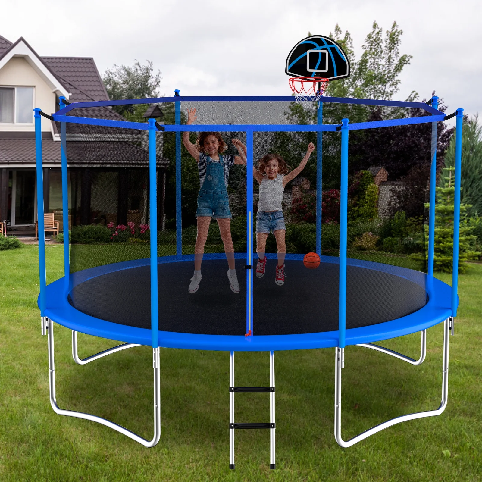 JJ JUJIN Outdoor Trampoline for Kids and Adults Trampoline with Basketballs Hoop and Safty Enclosure 10 Feet Blue