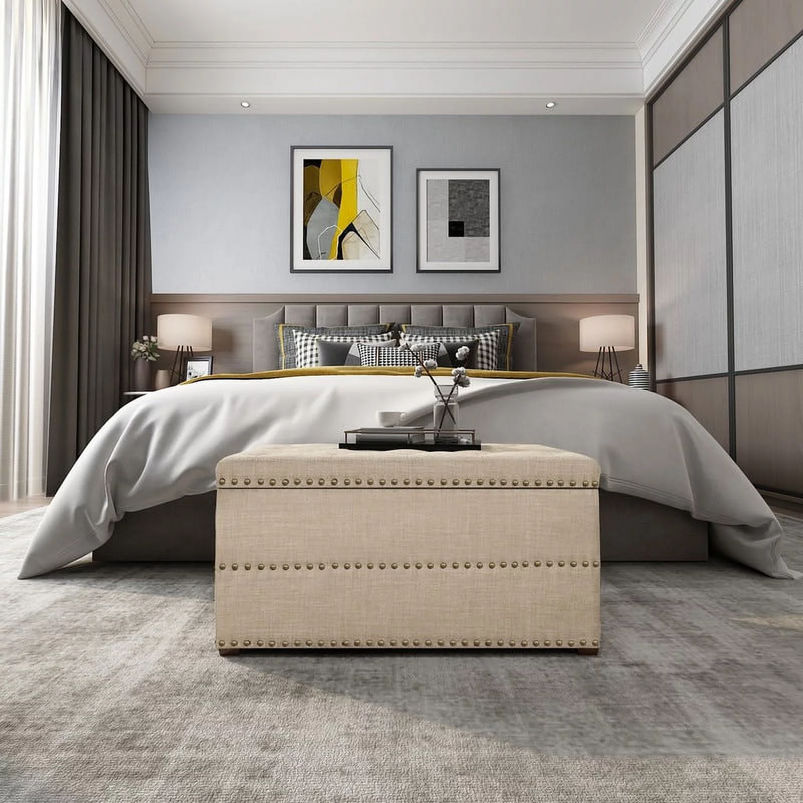 Adeco  Stylish Button Tufted Lift Top Storage Bench Assembled Storage Benches, Entryway Beige