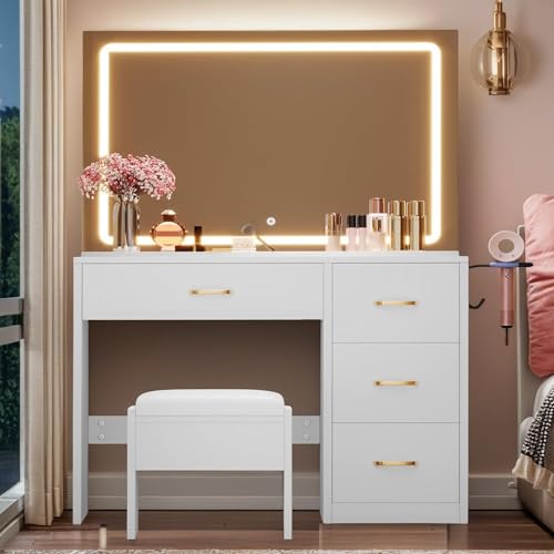 DWVO Makeup Vanity with Large Mirror and LED Lights, Vanity Desk Set with Power Outlet & Chair & 3 Lighting Colors, 4 Drawers, Dressing Table Stool Set for Dressing Room, Pearl White