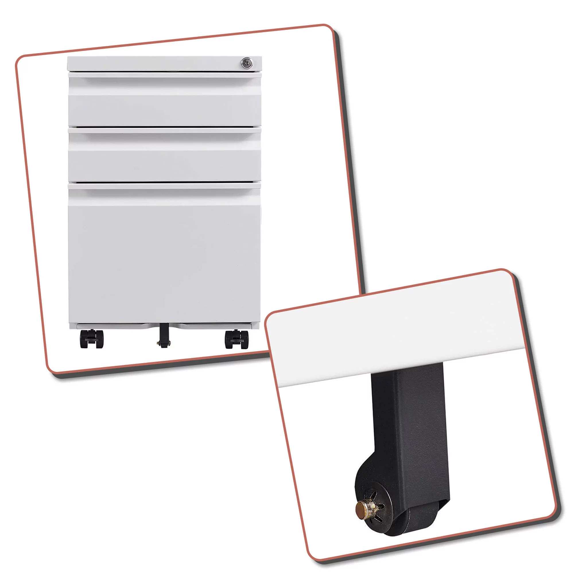 Modern and Practical Metal File Cabinet with A Lock, Three Drawers and Five Wheels for Office, White