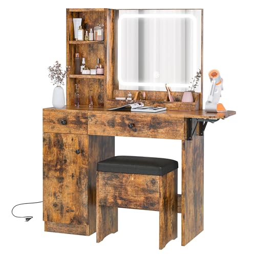 IRONCK Vanity Desk with LED Lighted Mirror & Power Outlet, Makeup Table with Drawers & Cabinet,Storage Stool,Dressing Table for Bedroom, White