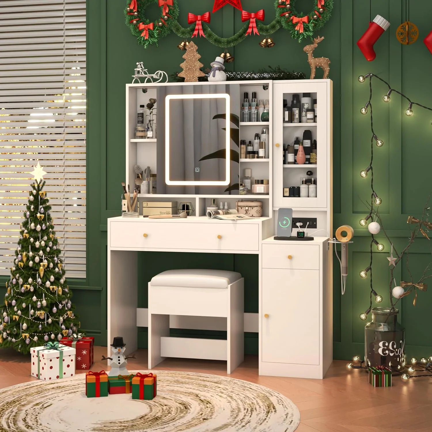 White Vanity Desk with Sliding Mirror & Lights, Vanity Table Makeup Desk with Charging Station 2 Drawers 2 Doors, Lots of Storage Shelves, Large Vanity Set with Cushioned Stool(White)