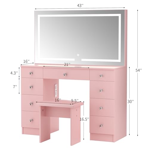 VOWNER Vanity with Lighted Mirror - Makeup Vanity Desk with Power Outlet and 9 Drawers, 3 Color Lighting Modes Adjustable Brightness, 43