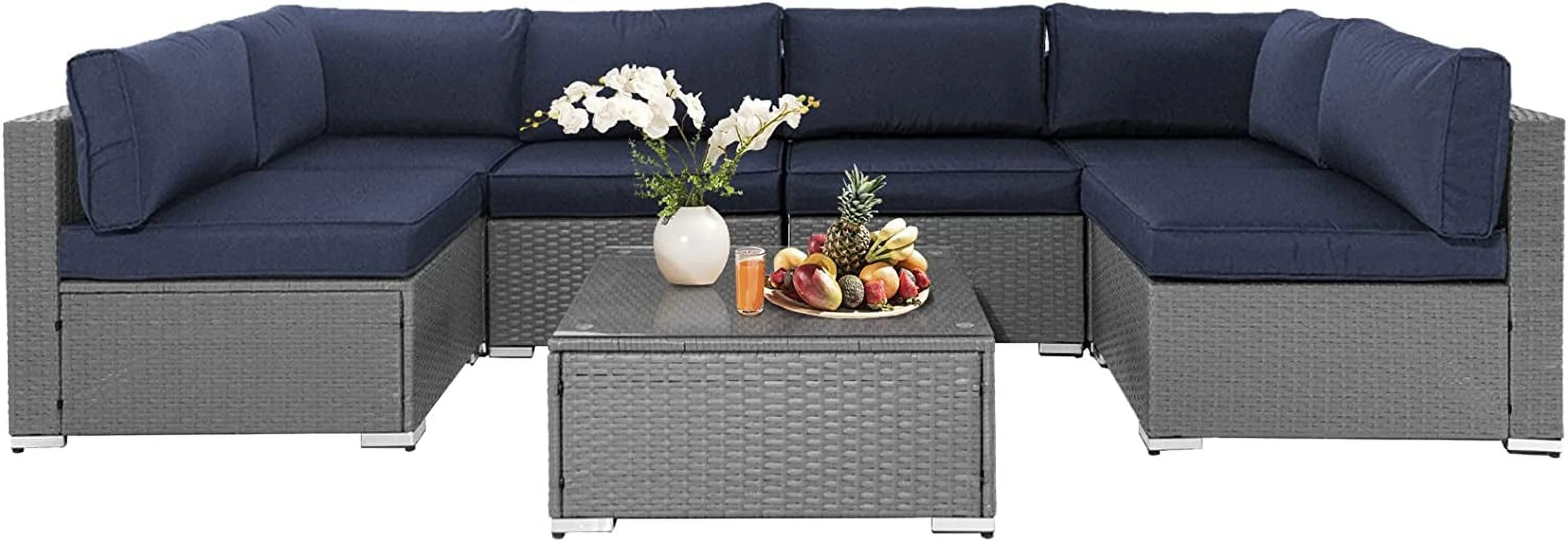 Popular 7 Piece Outdoor Sectional Sofa Patio Furniture Set  All-Weather PE Grey Wicker Patio Conversation Set with Washable Cushion and Glass Table(Grey Cushions)