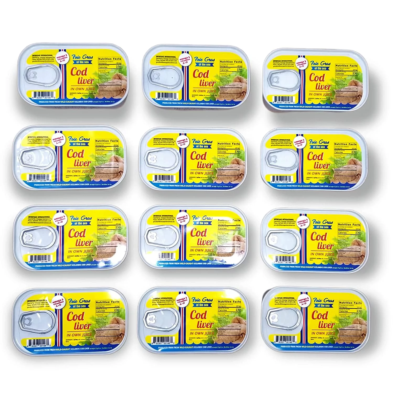 Foie Gras of the Sea Canned Cod Liver In Own Oil 4.3oz Natural Source of Omega-3 and Vitamins A&D,Fresh Wild Caught Cod (Pack of 12)