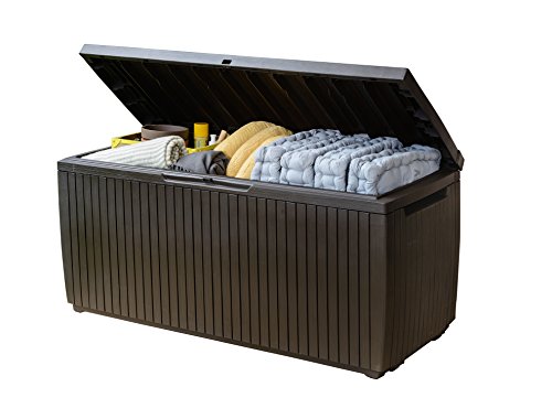 Keter Springwood 80 Gallon Resin Outdoor Storage Box for Patio Furniture Cushions, Pool Toys, and Garden Tools with Handles, Brown
