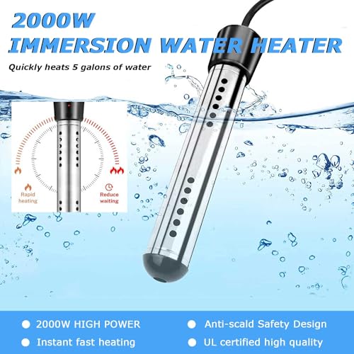 Immersion Water Heater, 2000W Portable Electric Water Heater for Inflatable Pool, Bucket or Bathtub, Quick Water Heater with Digital Thermometer, S Hook, Reusable Straps and Steel Cleaning Ball