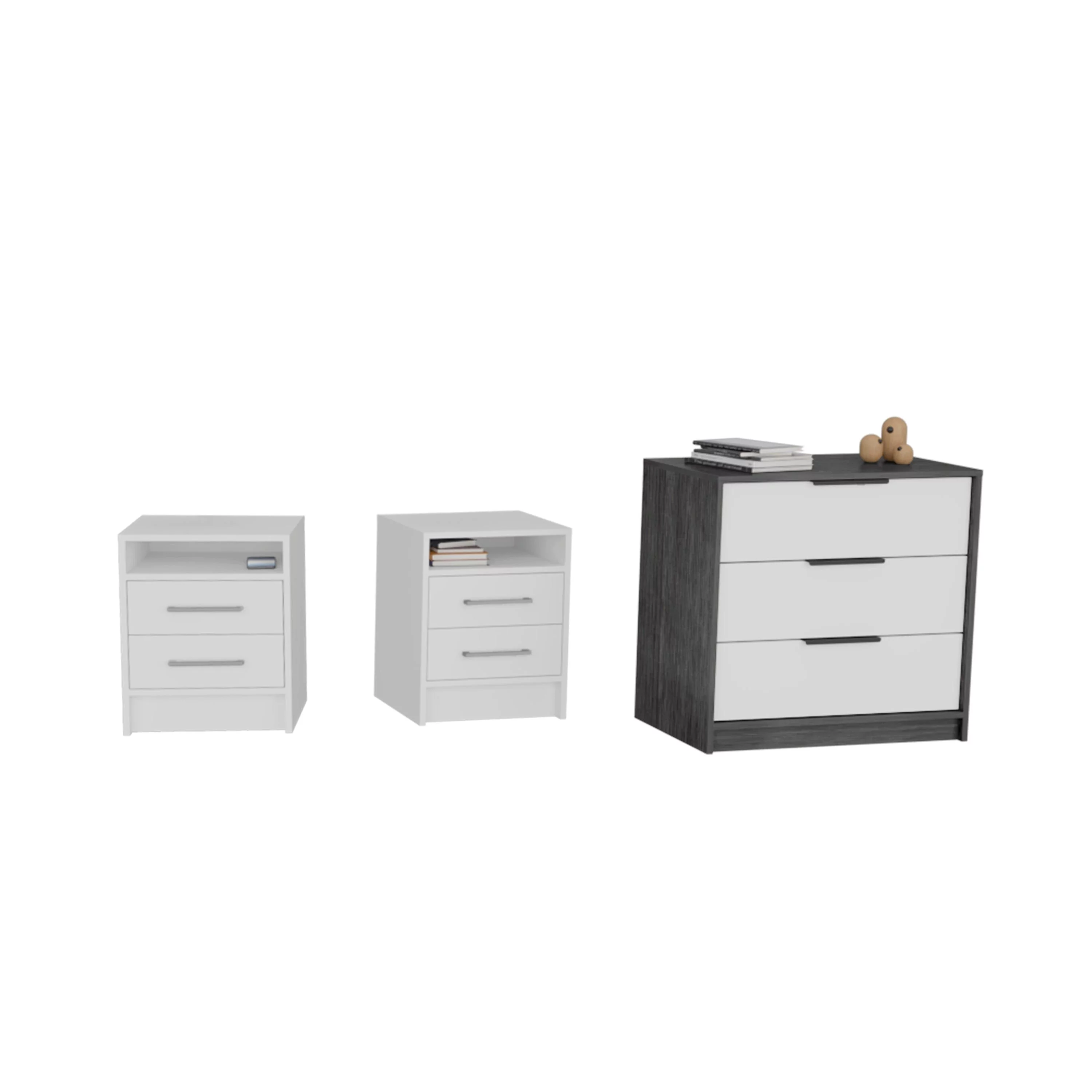 TUHOME Eter 3-Piece Bedroom Set with 3-Drawer Dresser and 2 Nightstands, White/Smokey Oak