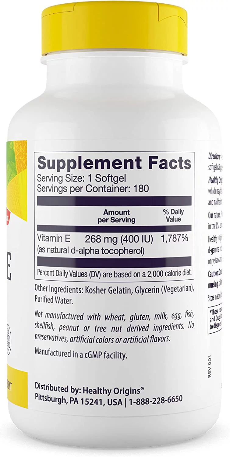 Healthy Origins Vitamin E 400 IU (Natural, Non-GMO, Gluten Free, Skin Support, Cardiovascular Support), 180 Softgels