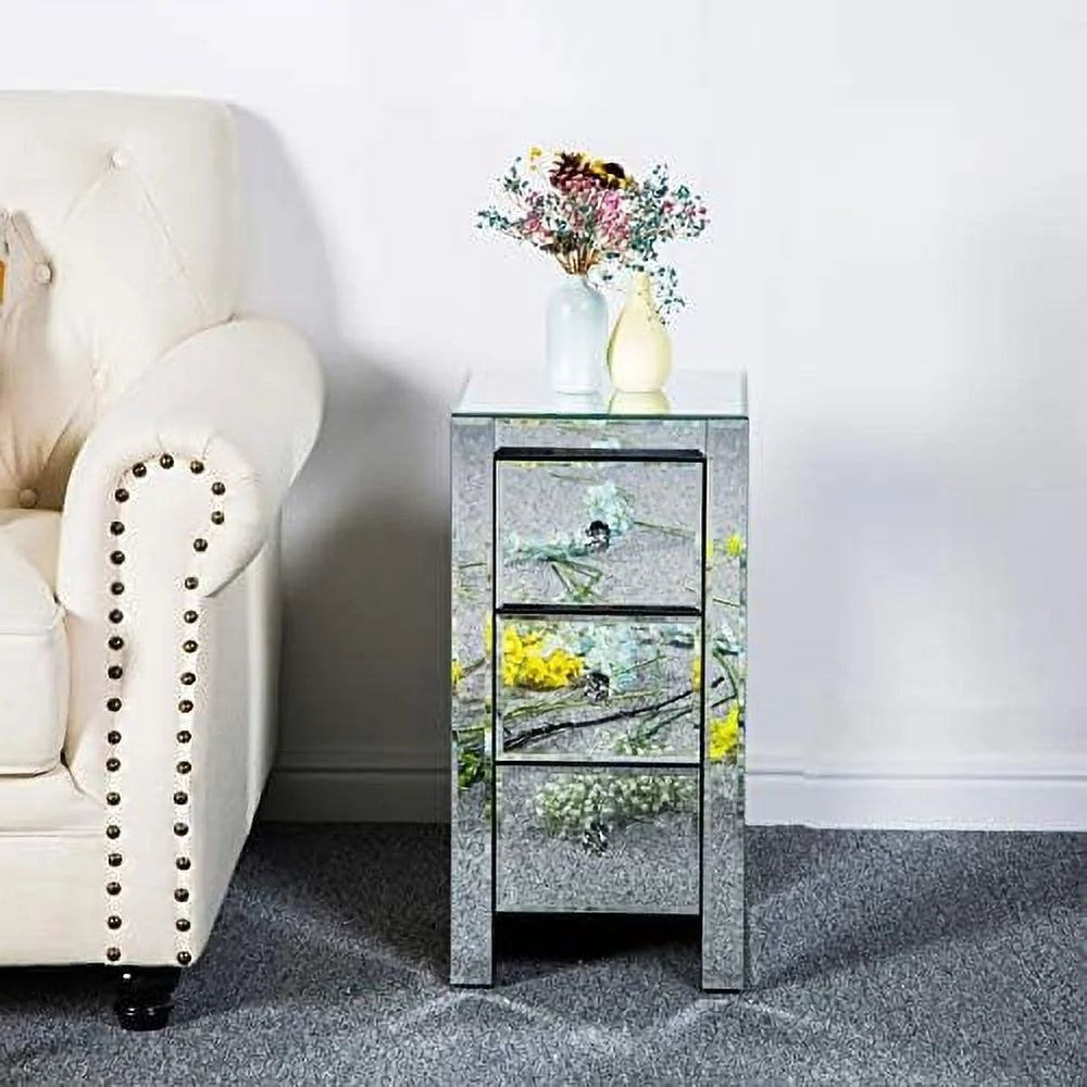 RUNFAYBIU Mirrored Nightstand  Mirrored End Table with 3 Drawers and Crystal-Style Knobs   Mirrored Bedside Table for Bedroom  Living Room  Small Place  Silver  11.81" L x 11.81"