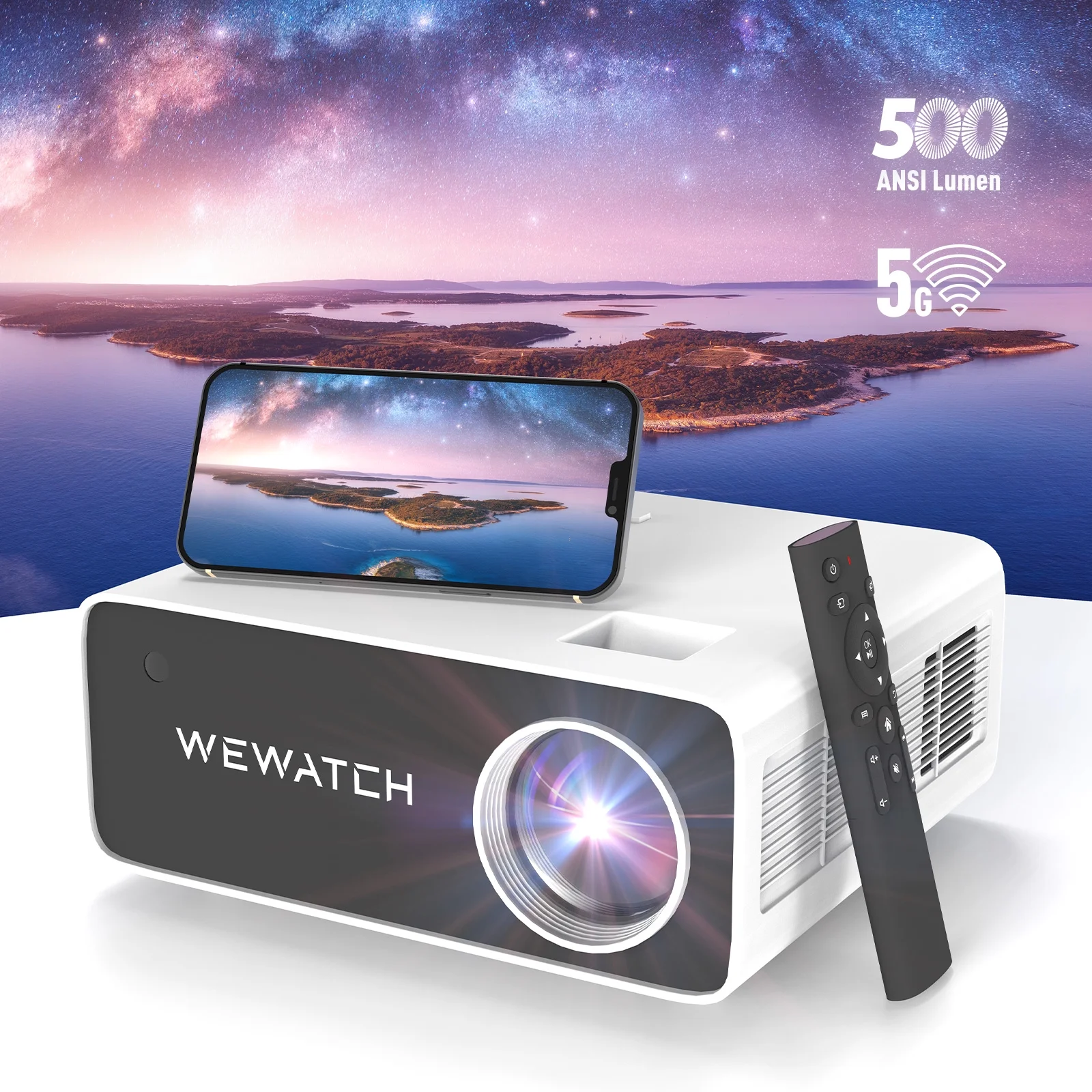 WEWATCH 4K Home Theater Projector w/ White Noise, 500 ANSI 19000Lm, 5G WiFi Bidirectional Bluetooth, 350