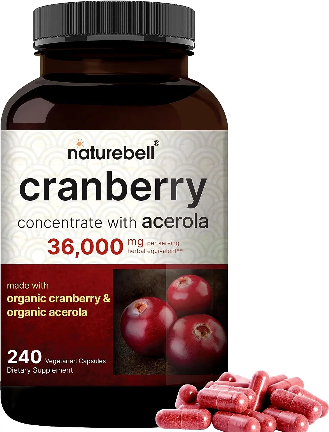NatureBell Cranberry Pills 36,000mg with Acerola, 240 Veggie Capsules , Fresh Cranberries Extract ��� Made with Organic Ingredients ��� Supports Urinary Tract Health ��� Sugar Free