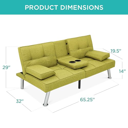 Best Choice Products Linen Modern Folding Futon, Reclining Sofa Bed for Apartment, Dorm w/Removable Armrests, 2 Cupholders - Gray