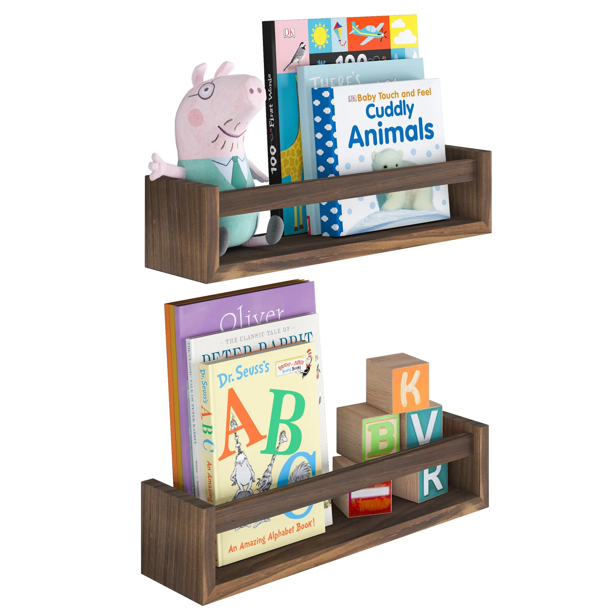 Wallniture Utah Nursery Organizer Shelf Kids Wall Bookcases Set of 2 Toy Storage Wood Shelves, Burnt Wash Brown