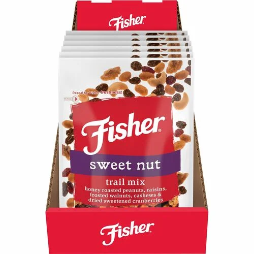 Fisher Sweet Nut Mix - Resealable Bag - Honey Roasted Peanut, Raisin, Walnut, Cashew, Dried Cranberries - 6 / Carton | Bundle of 2 Cartons