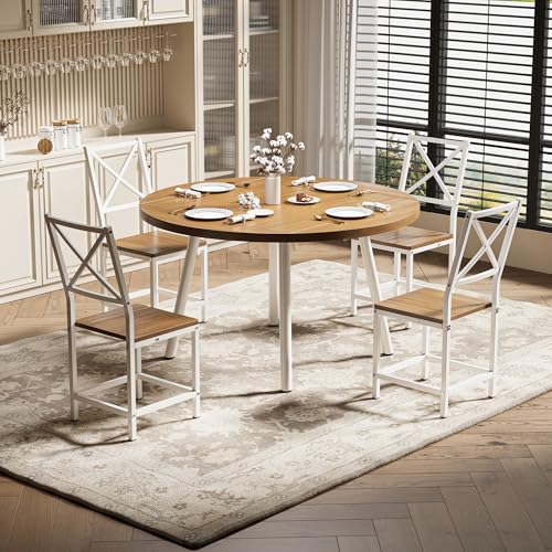 IRONCK Dining Table Set for 4, Round Kitchen Table and 4 Stool Chair for Dining Room, 44.5inch Drop Leaf Desk, Small Space Saving