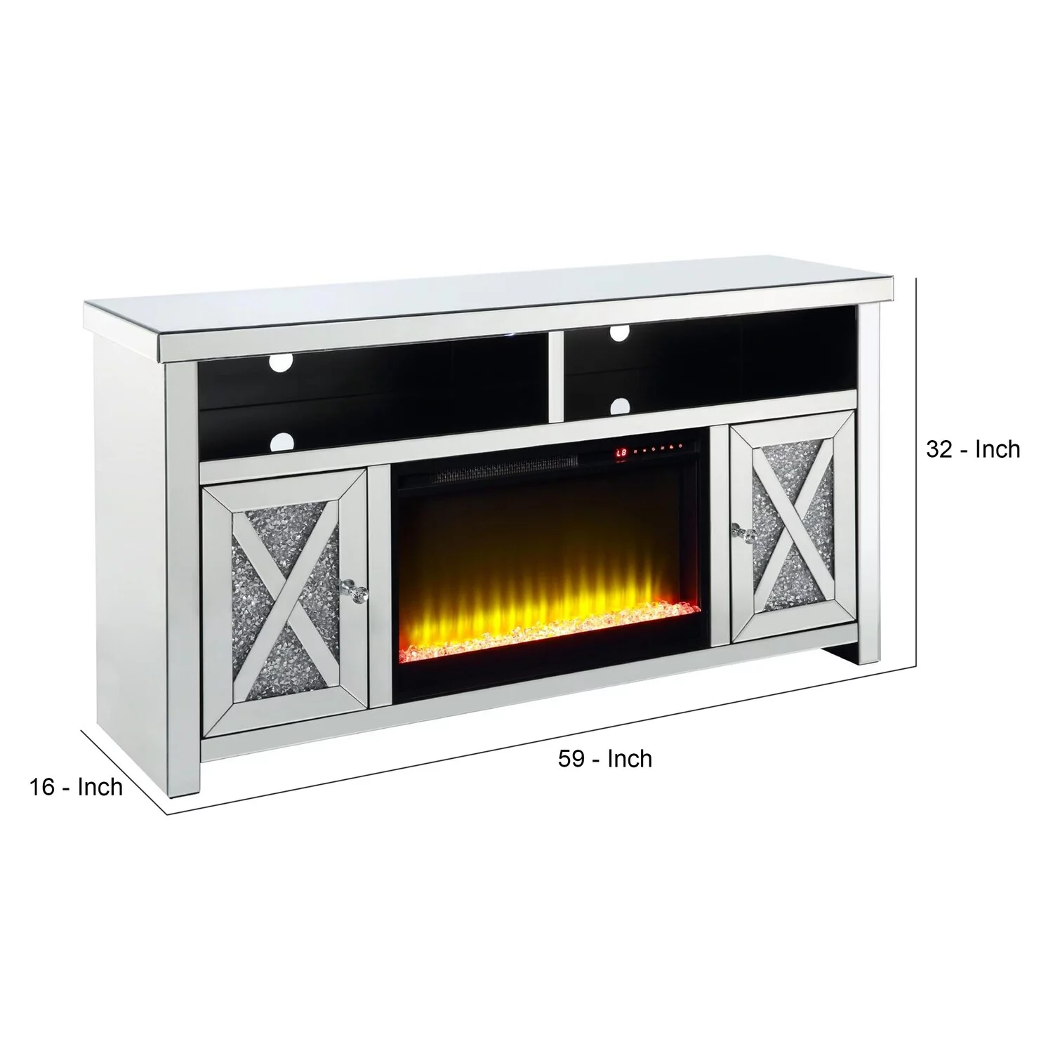 Benjara TV Stand with Electric Fireplace and Beveled Mirror Framing, Silver