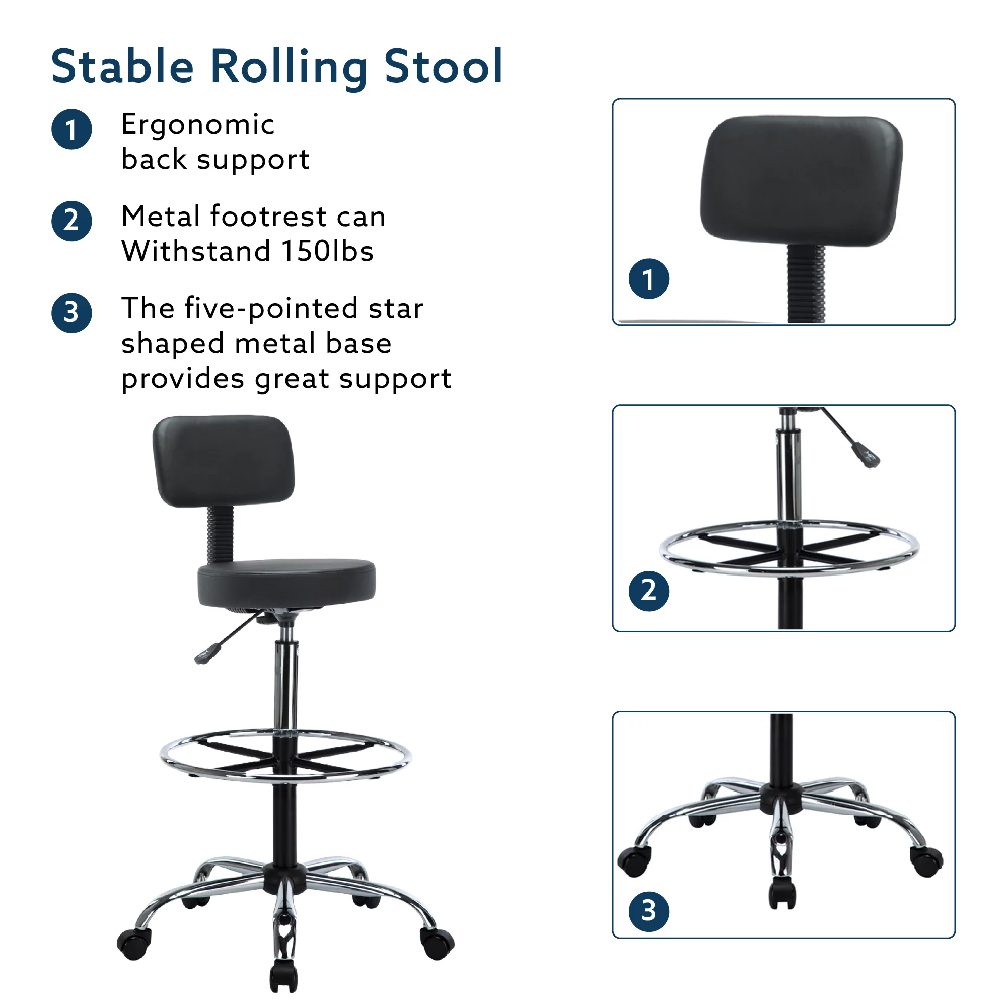 Height Adjustable Drafting Stool and Footrest, Comfortable Faux Leather Stool with Backrest, Rolling Wheels and Footrest, Ideal for Office, Studio, Garage, and Eco-Friendly by Naomi Home - Black