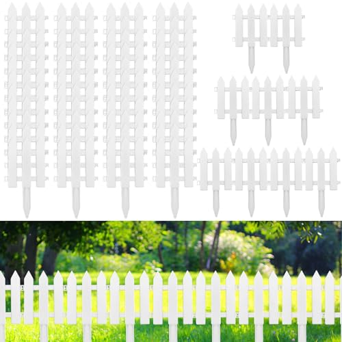 48 Pack White Garden Fence with 48 Fence Insert Lawn Picket Fence Garden Border Fence Decorative Plastic Fence Panels for Landscape Path Flowerbeds Plant Yard, 6.69'' L x 7.87'' H