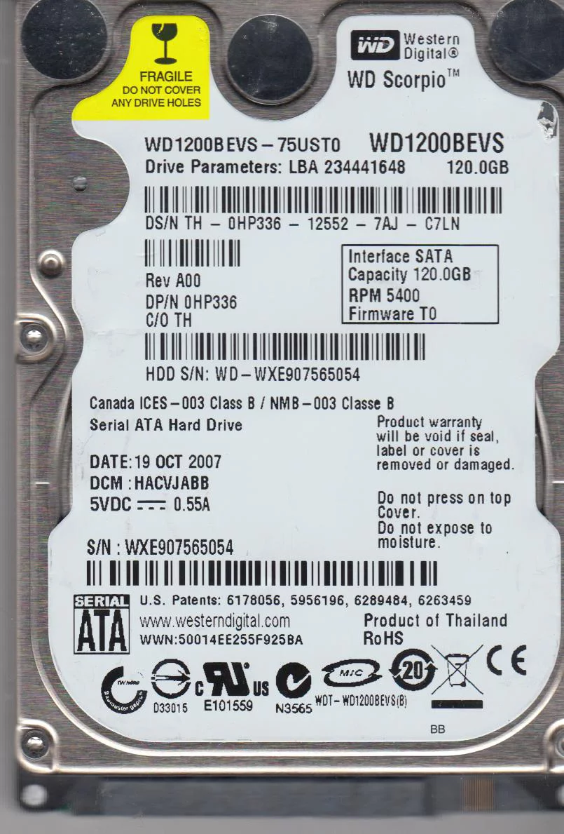 WD1200BEVS-75UST0, DCM HACVJABB, Western Digital 120GB SATA 2.5 Hard Drive