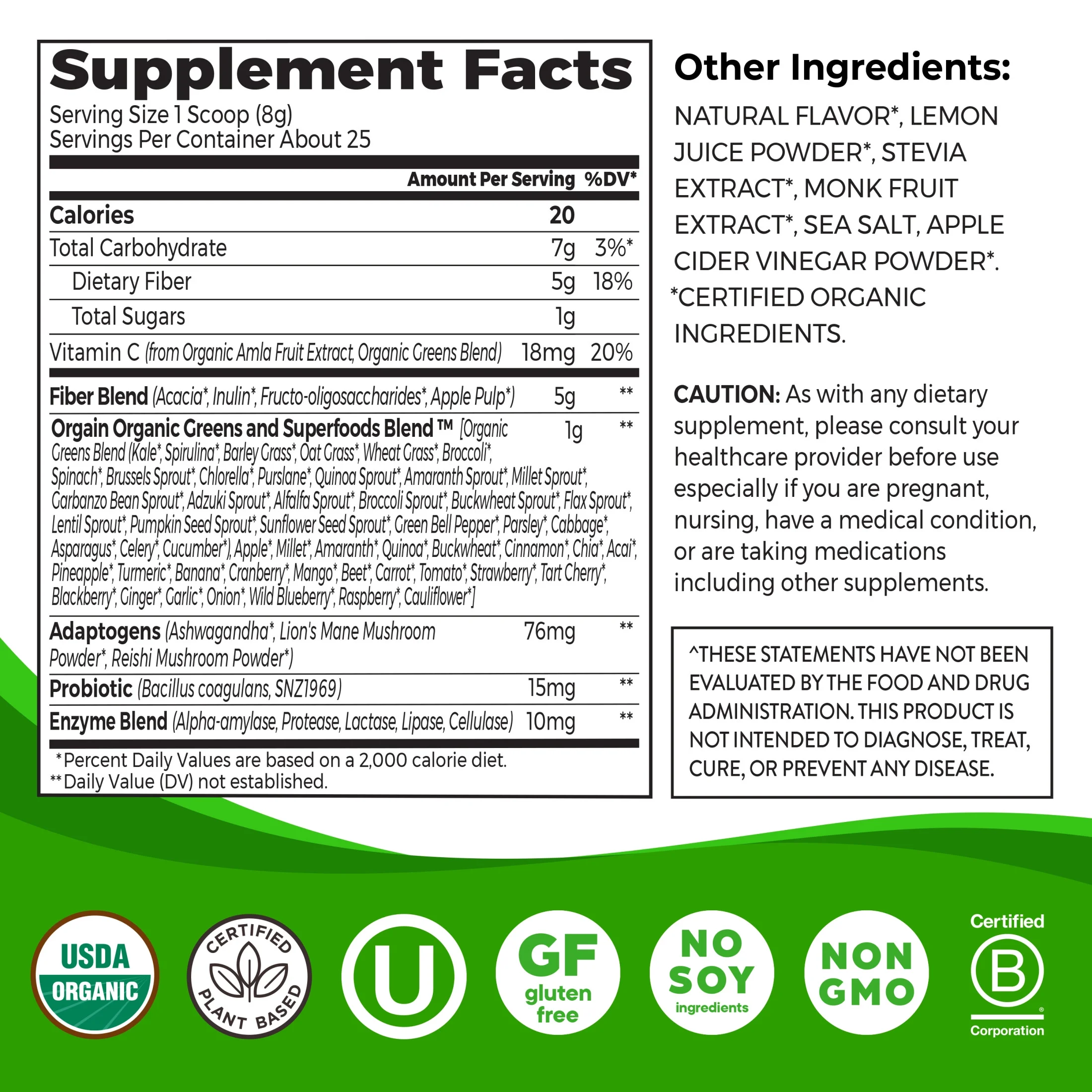 Orgain Vegan Organic Wonder Gut 5-in-1 Fiber Superfood Powder – Orange Mango 0.44lb